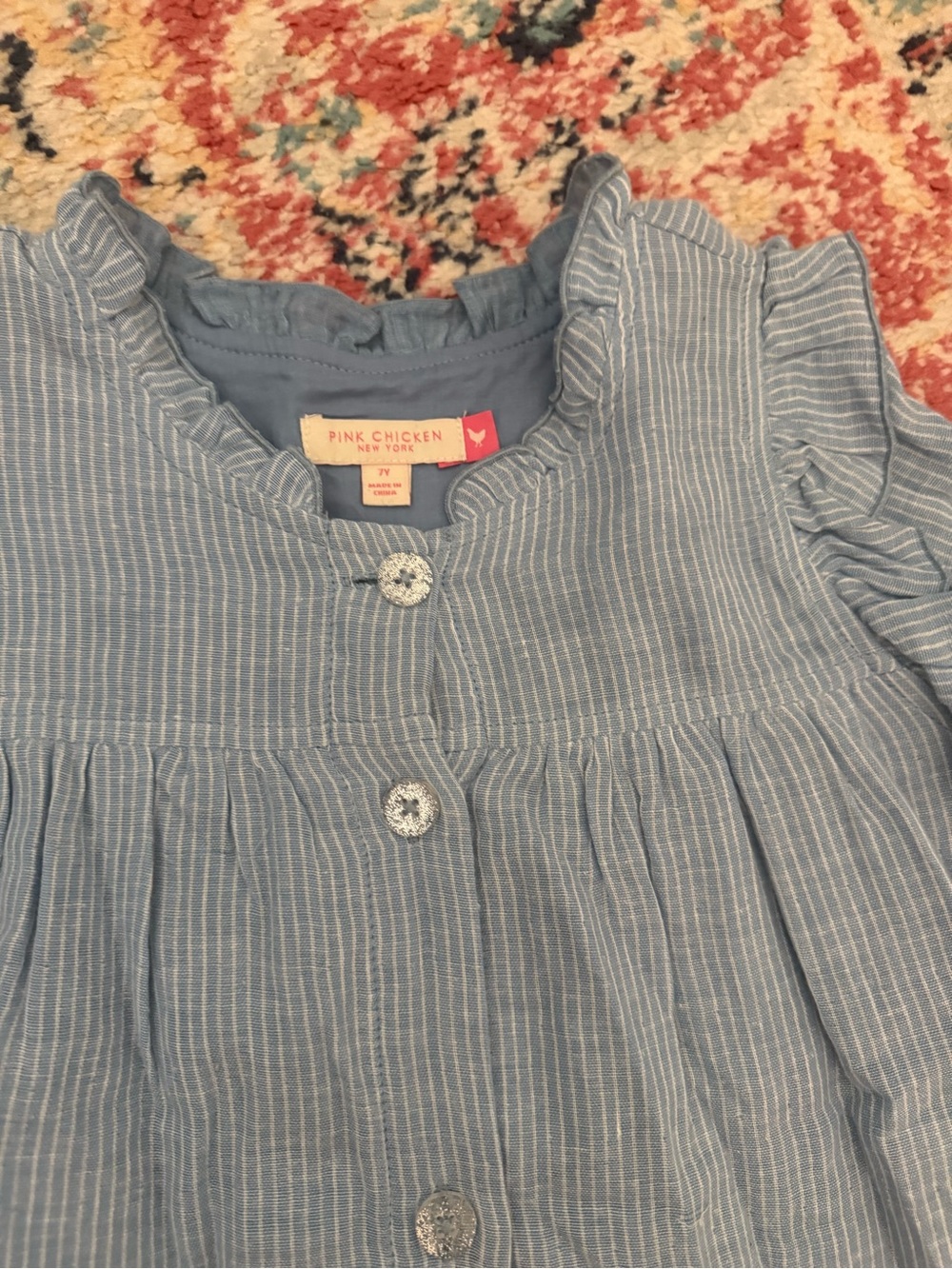 Pink Chicken Light Blue Striped Ruffle Button Dress